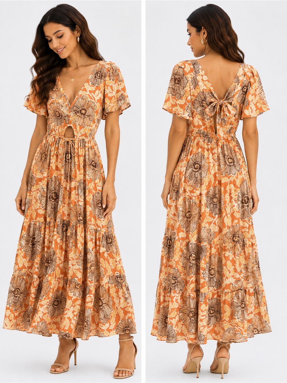 Boho Floral V-Neck Maxi Dress in Orange and Brown